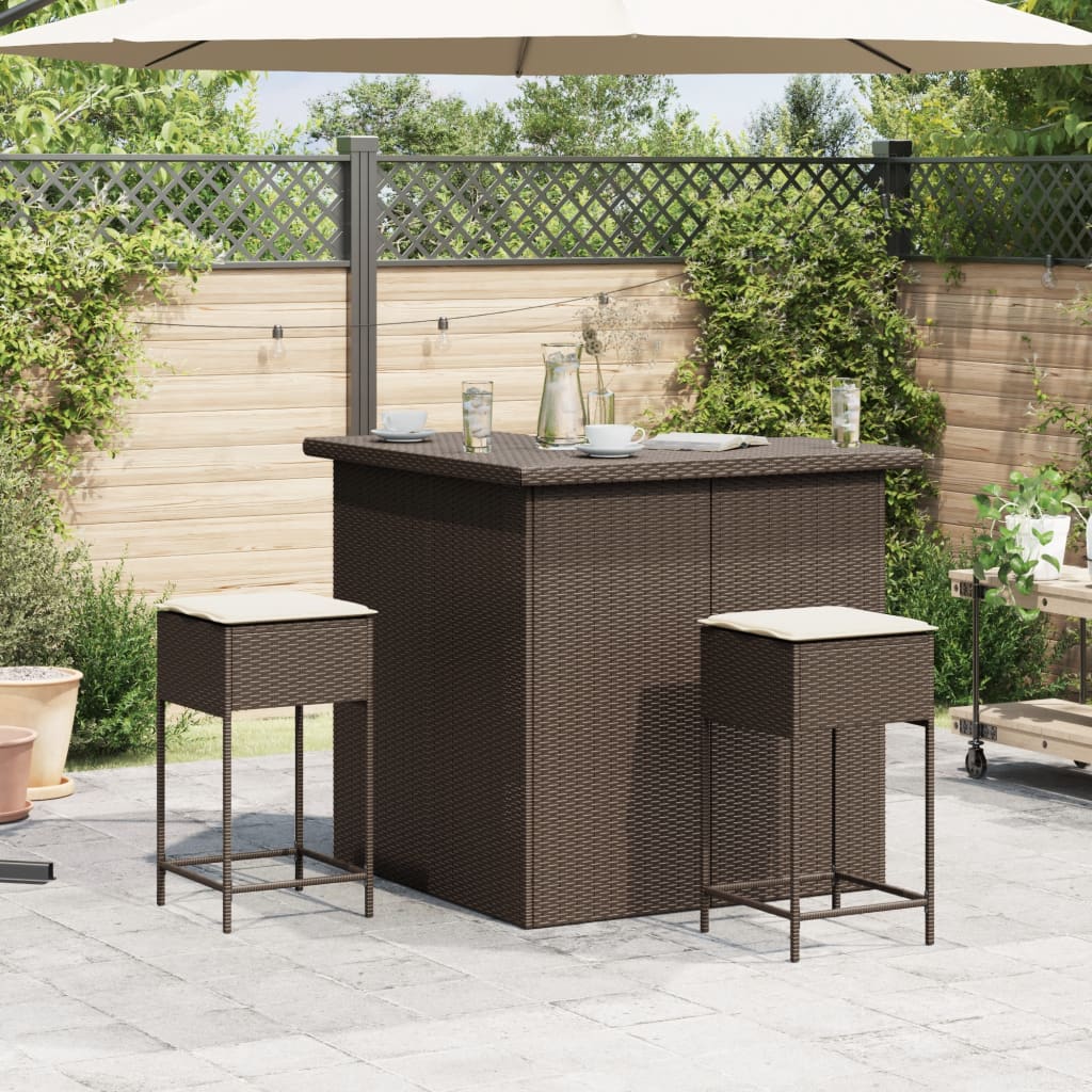 Set Bar da Giardino 3 pz con Cuscini in Polyrattan Marrone