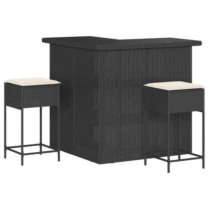 Set Bar da Giardino 3 pz con Cuscini in Polyrattan Nero