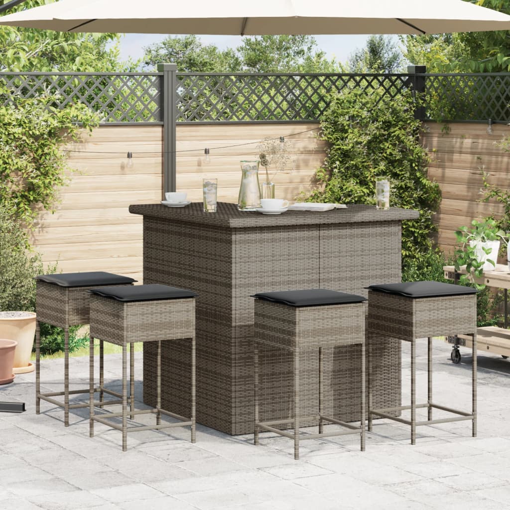 Set Bar da Giardino 3pz con Cuscini Grigio in Polyrattan