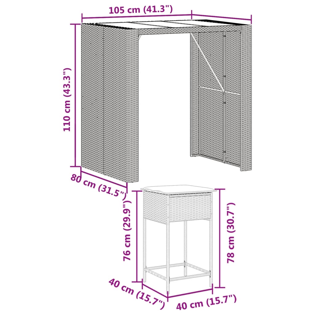 Set Bar da Giardino 5 pz con Cuscini in Polyrattan Marrone