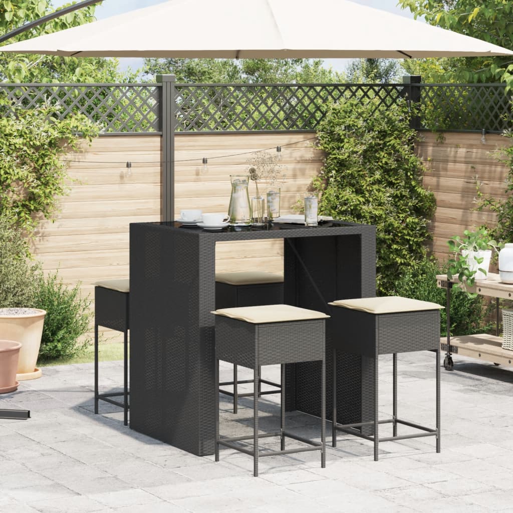 Set Bar da Giardino 5 pz con Cuscini in Polyrattan Nero