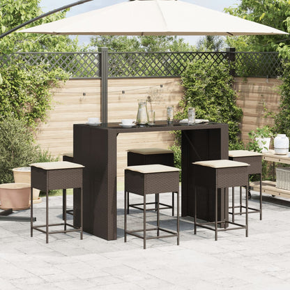 Set Bar da Giardino 7 pz con Cuscini in Polyrattan Marrone