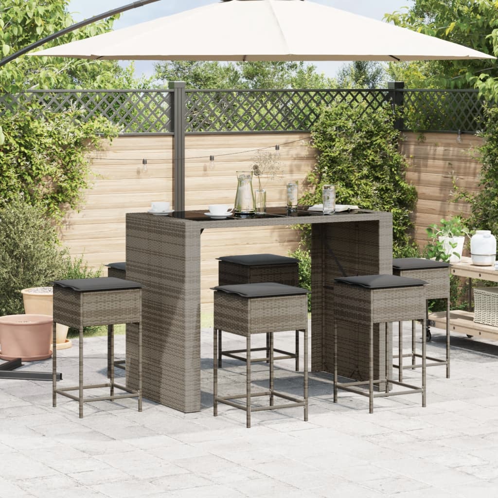 Set Bar da Giardino 7 pz con Cuscini in Polyrattan Grigio