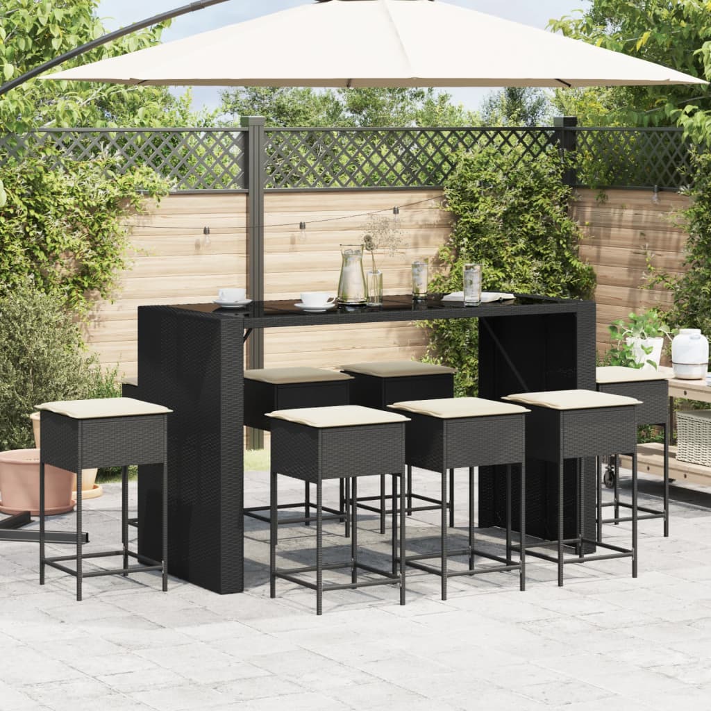 Set Bar da Giardino 9 pz con Cuscini in Polyrattan Nero