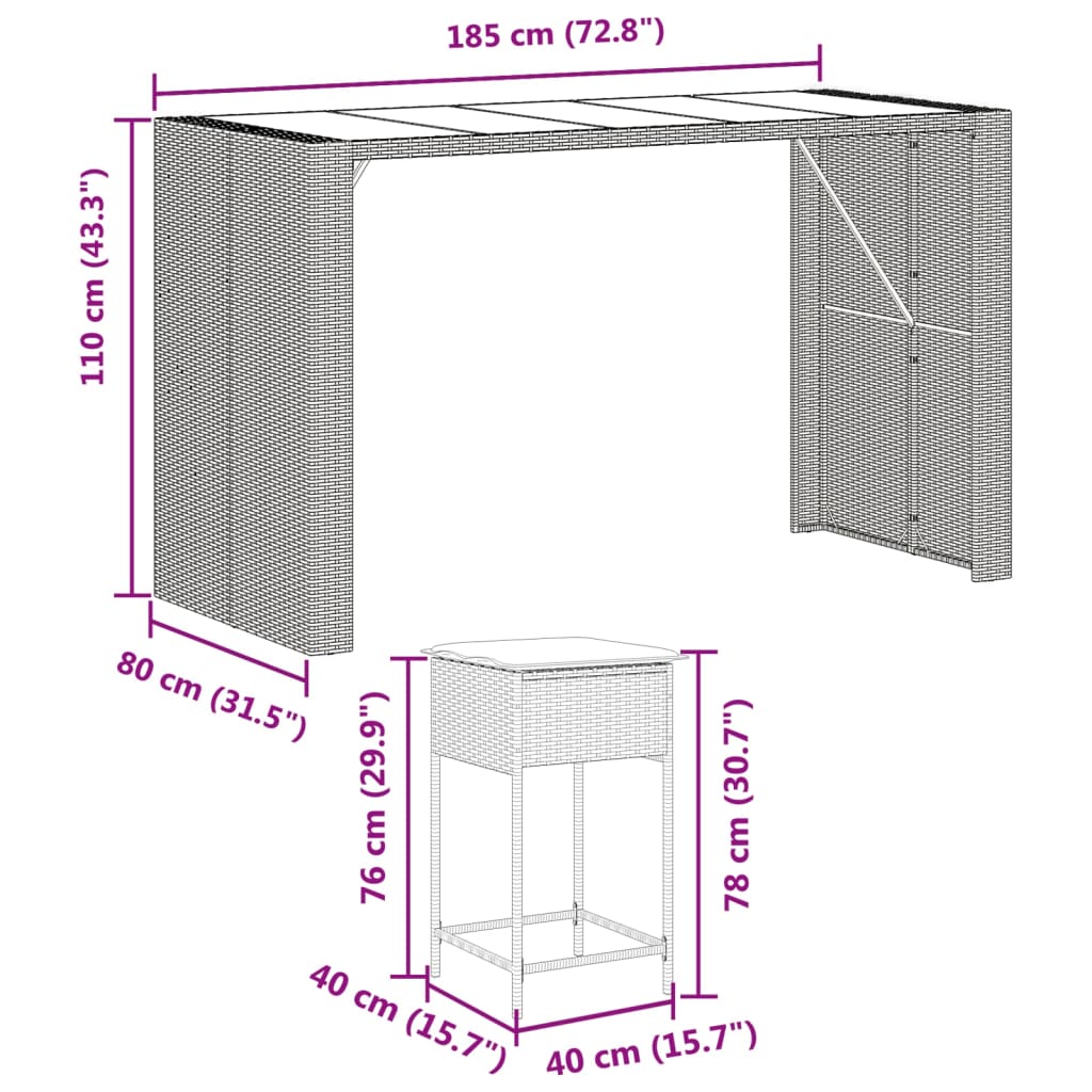 Set Bar da Giardino 9 pz con Cuscini in Polyrattan Nero