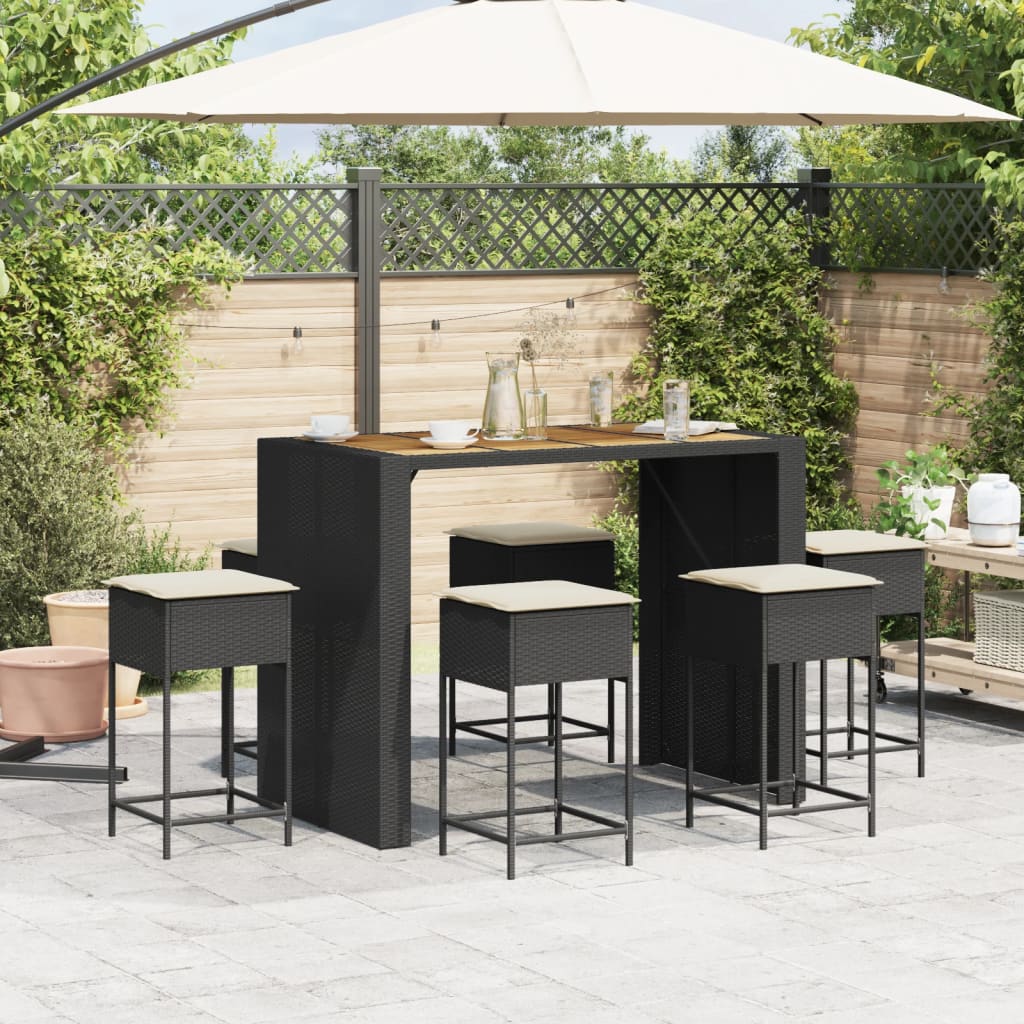 Set Bar da Giardino 7 pz con Cuscini in Polyrattan Nero