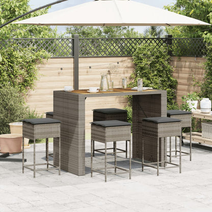 Set Bar da Giardino 7 pz con Cuscini in Polyrattan Grigio