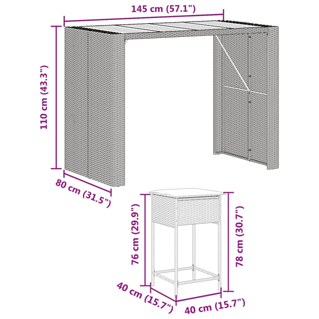 Set Bar da Giardino 7 pz con Cuscini in Polyrattan Grigio