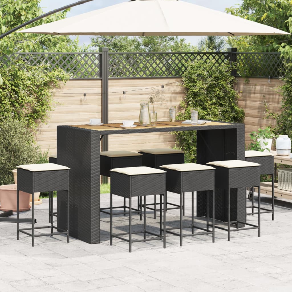 Set Bar da Giardino 9 pz con Cuscini in Polyrattan Nero