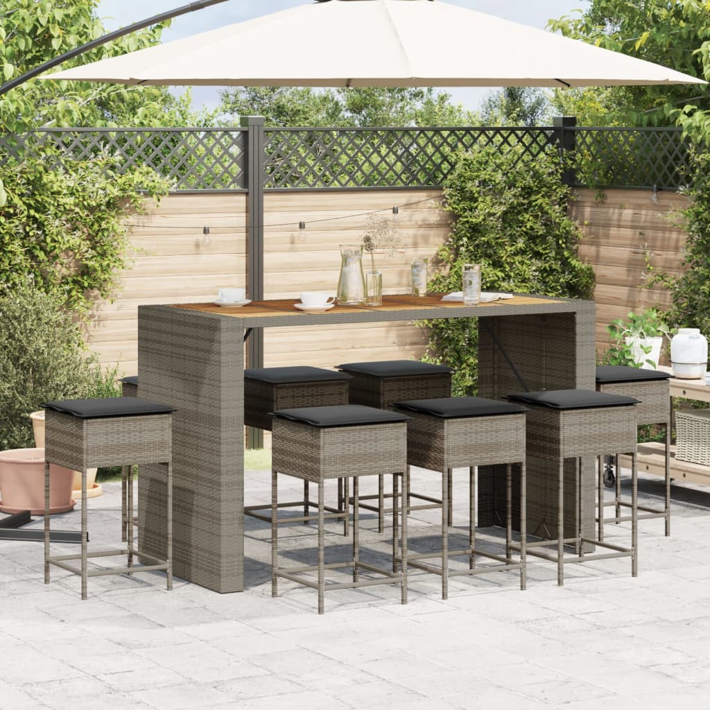 Set Bar da Giardino 9 pz con Cuscini in Polyrattan Grigio