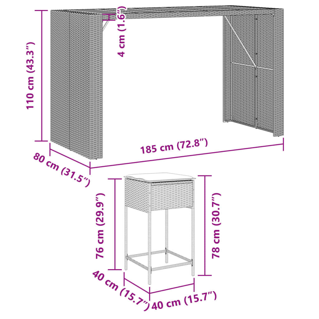 Set Bar da Giardino 9 pz con Cuscini in Polyrattan Grigio