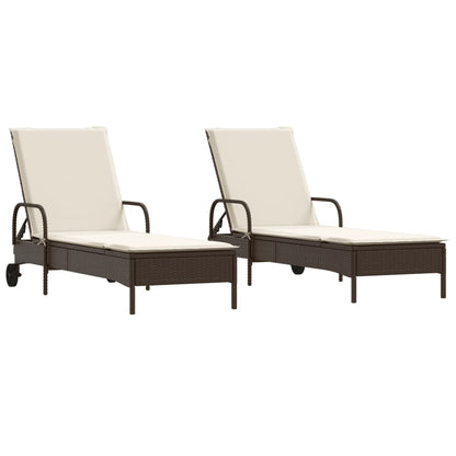 2 pcs Sun Loungers with Brown Polyrattan Cushions