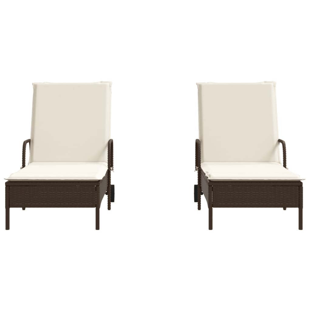 2 pcs Sun Loungers with Brown Polyrattan Cushions