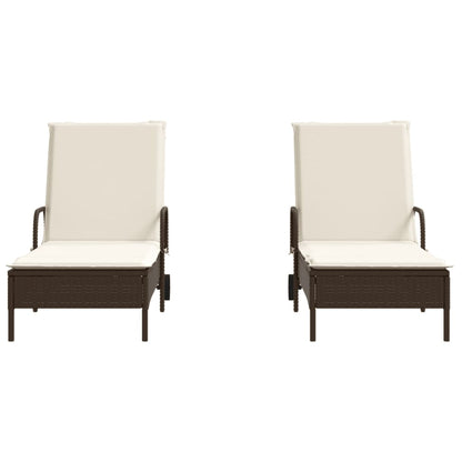 2 pcs Sun Loungers with Brown Polyrattan Cushions