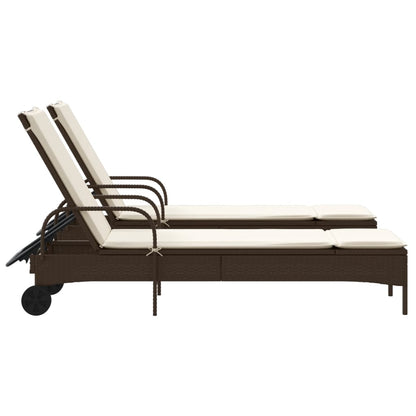 2 pcs Sun Loungers with Brown Polyrattan Cushions