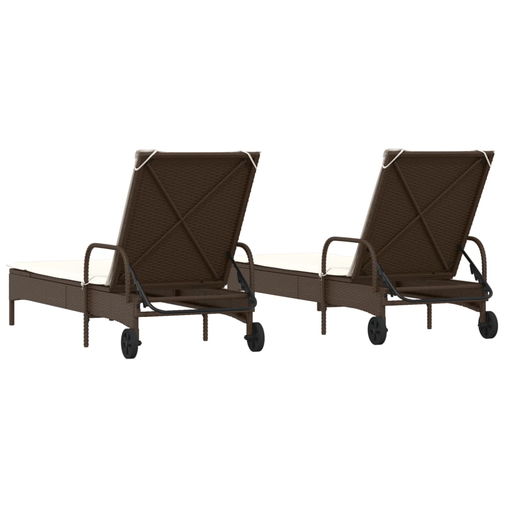 2 pcs Sun Loungers with Brown Polyrattan Cushions