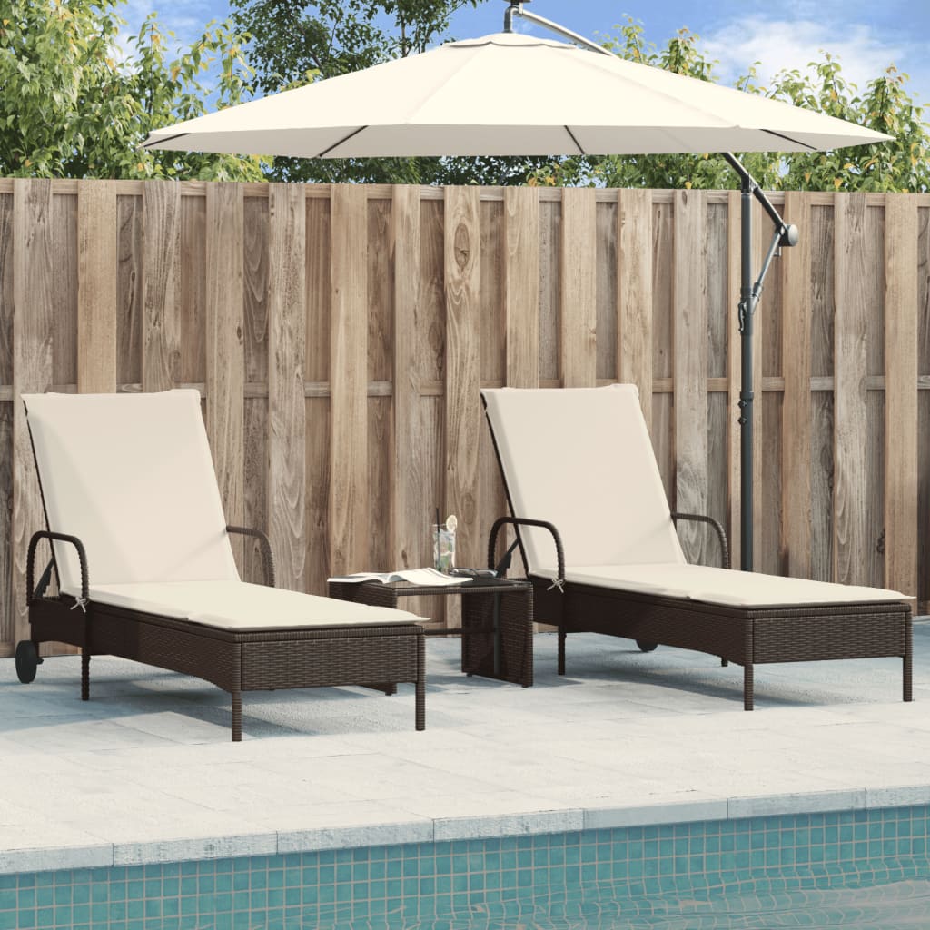 2 pcs Sun Loungers with Brown Polyrattan Cushions