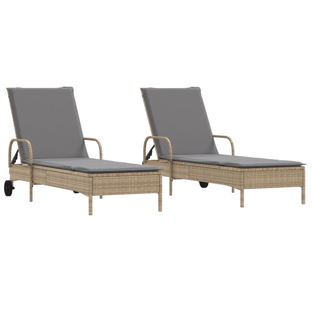 2 pcs Sun Loungers with Beige Polyrattan Cushions