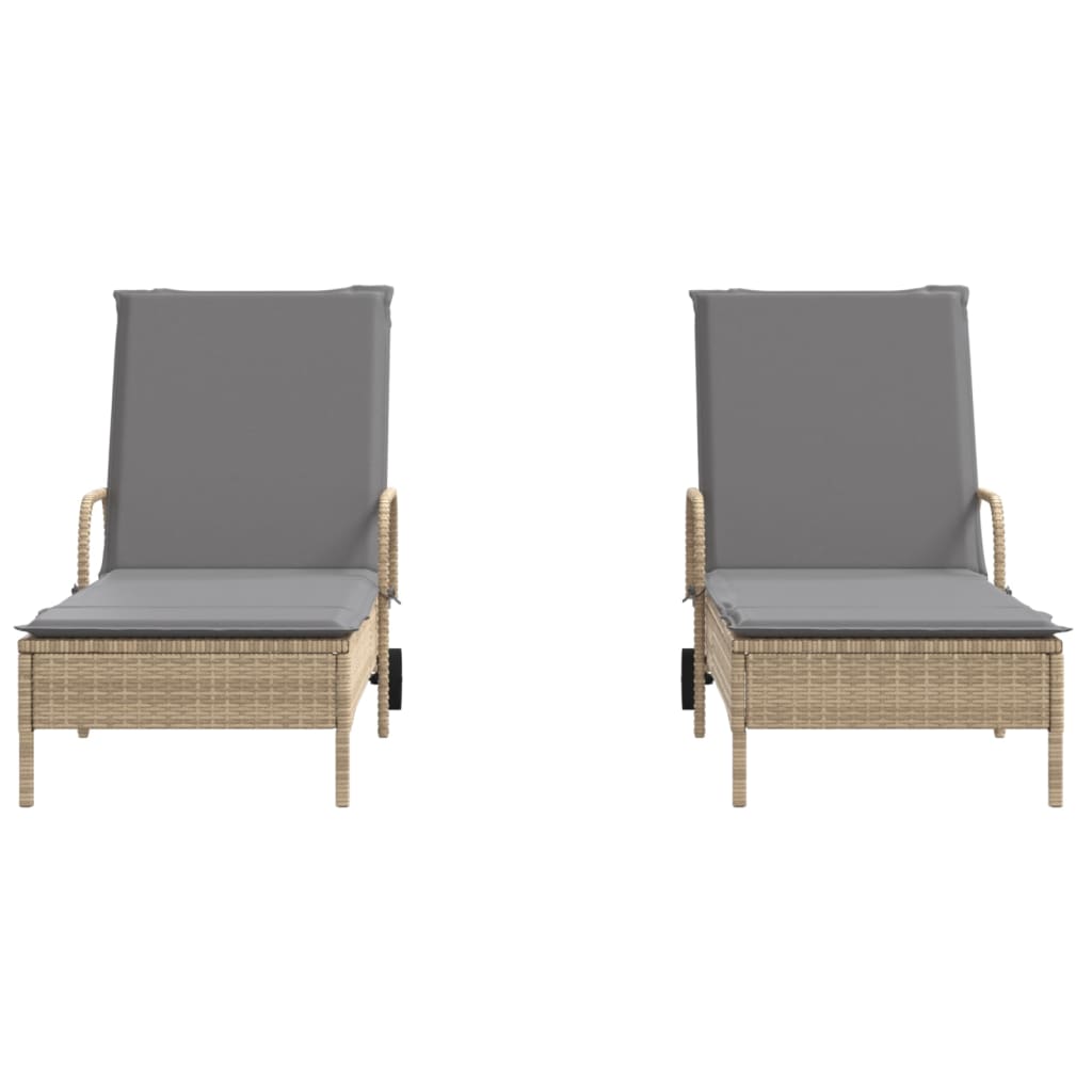 2 pcs Sun Loungers with Beige Polyrattan Cushions