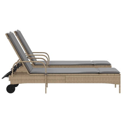 2 pcs Sun Loungers with Beige Polyrattan Cushions