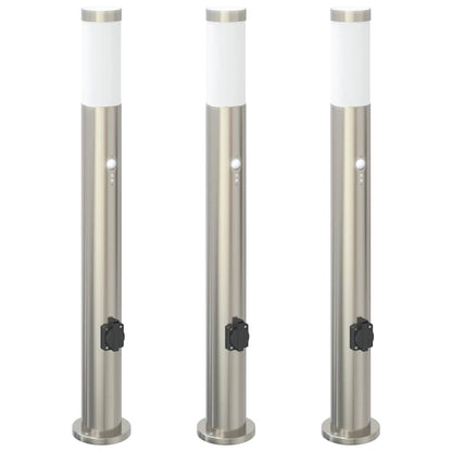 Lampioni a paletto con sensore e presa 3 pz 80 cm Acciaio Inox IP44 | homemem39
