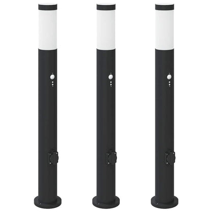 Lampioni a paletto con sensore e presa 3 pz 80 cm Acciaio Inox IP44 | homemem39