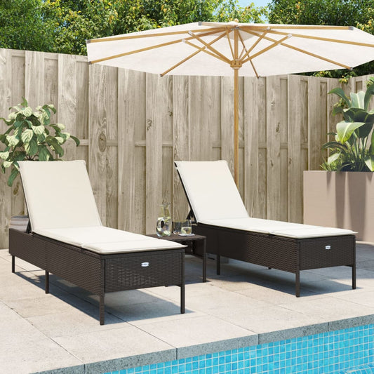 2 pcs Sun Loungers with Brown Polyrattan Cushions