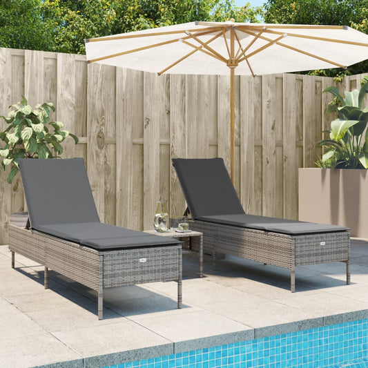 2 pcs Sun Loungers with Gray Polyrattan Cushions