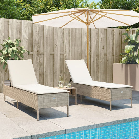 2 pcs Sun Loungers with Beige Polyrattan Cushions