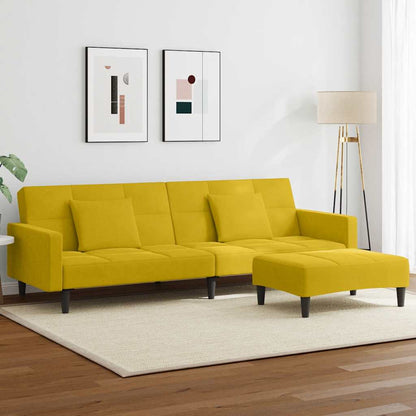 Divano Letto 2 Posti con Sgabello Giallo in Velluto