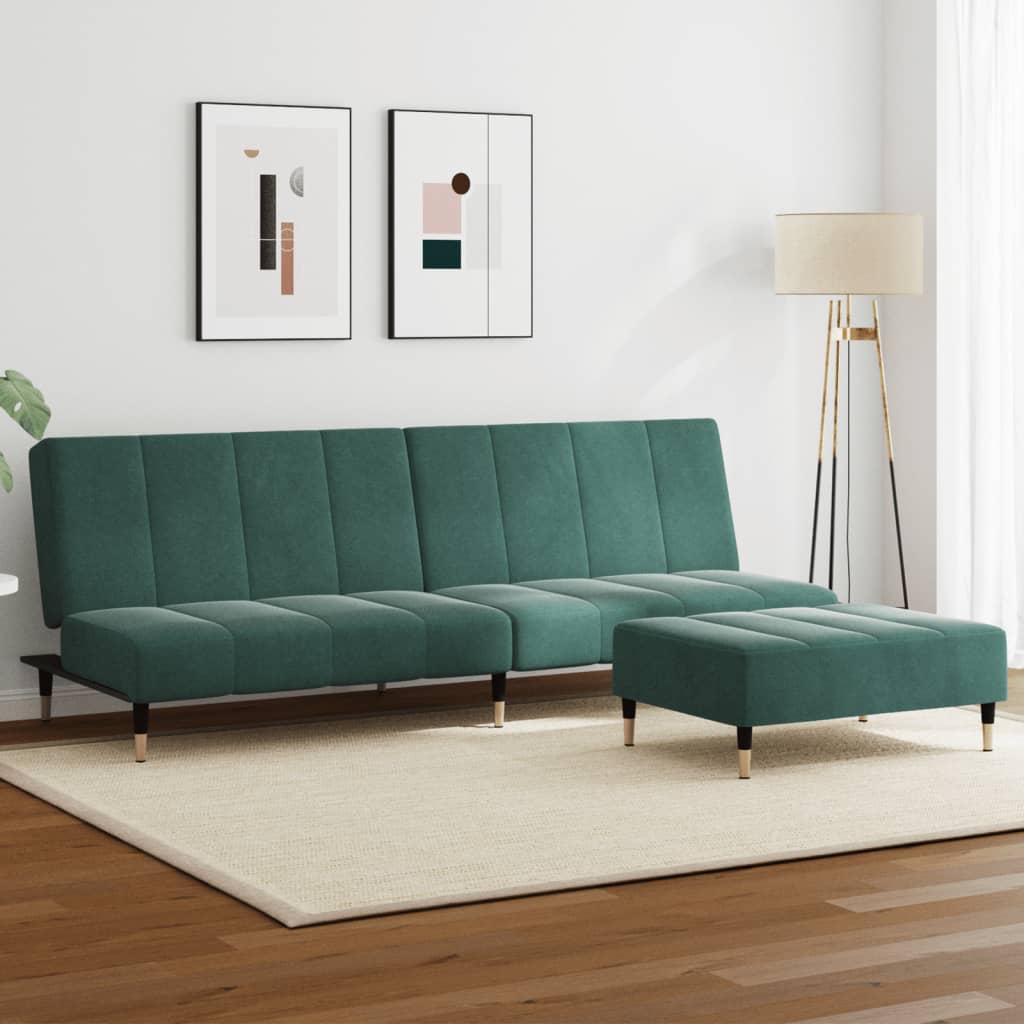 2 Seater Sofa Bed with Footrest in Dark Green Velvet