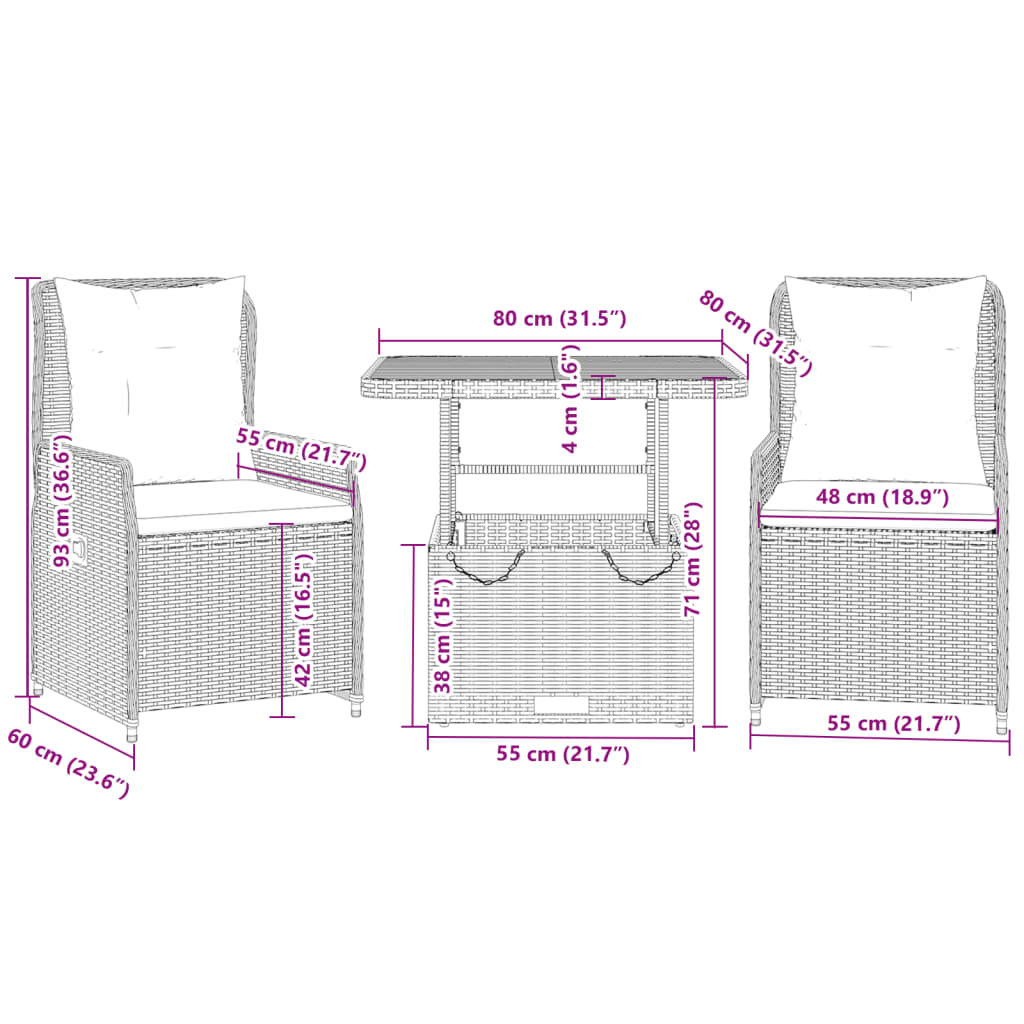Set da Bistrò 3 pz con Cuscini Nero in Polyrattan | homemem39