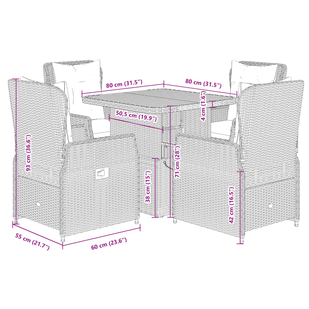 Set da Pranzo da Giardino 5 pz Nero con Cuscini in Polyrattan | homemem39