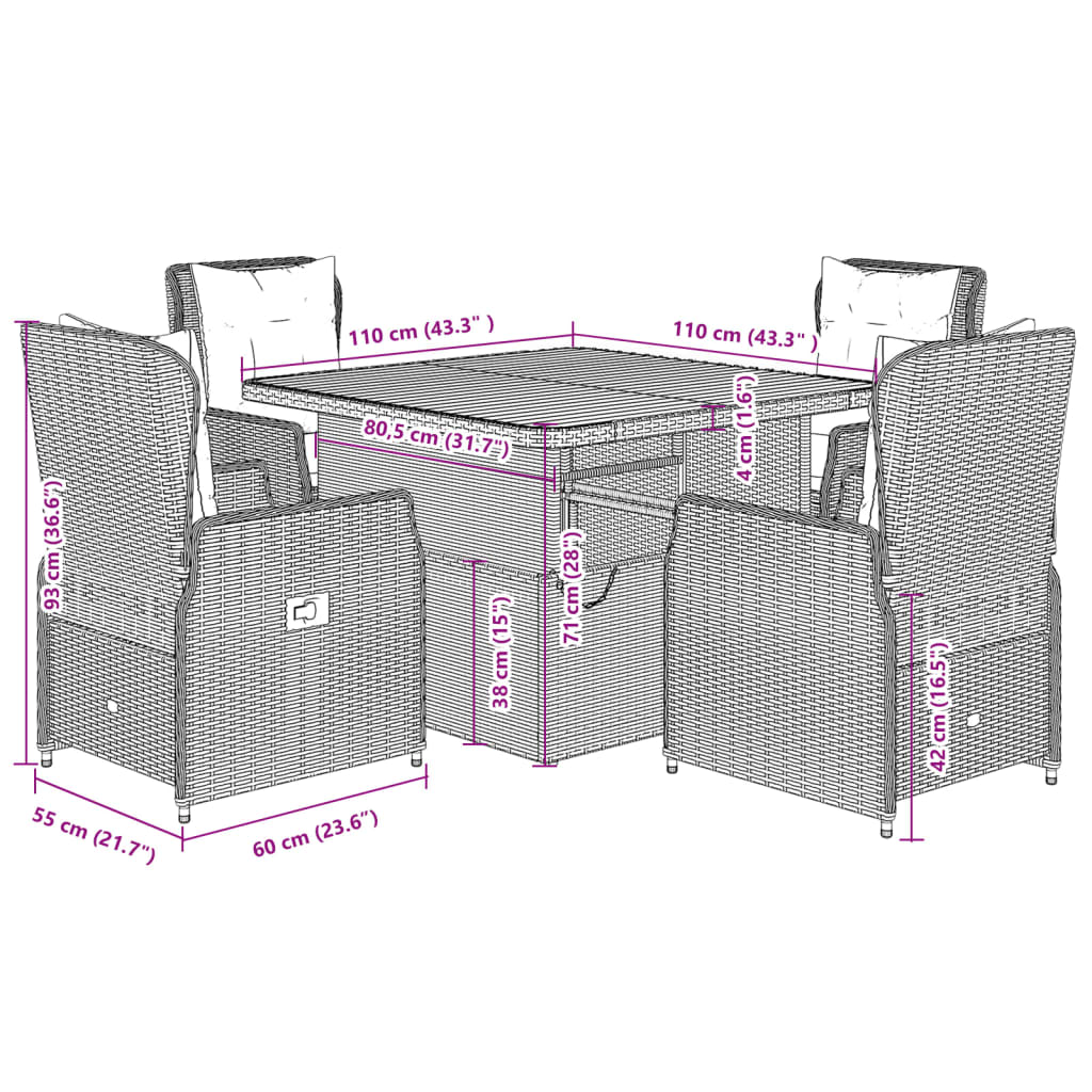 Set da Pranzo da Giardino 5 pz Nero con Cuscini in Polyrattan | homemem39