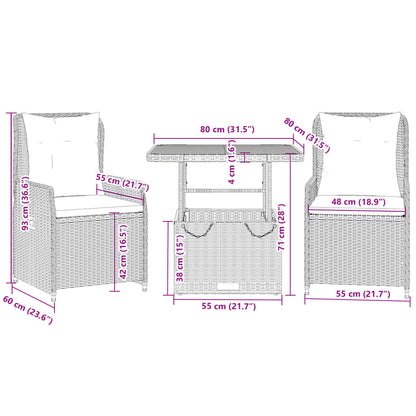 Set da Bistrò 3 pz con Cuscini Grigio in Polyrattan