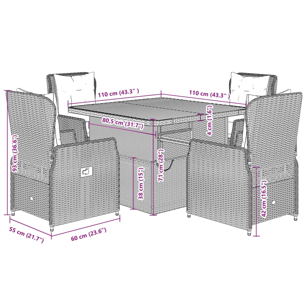 Set da Pranzo da Giardino 5 pz con Cuscini in Polyrattan Grigio