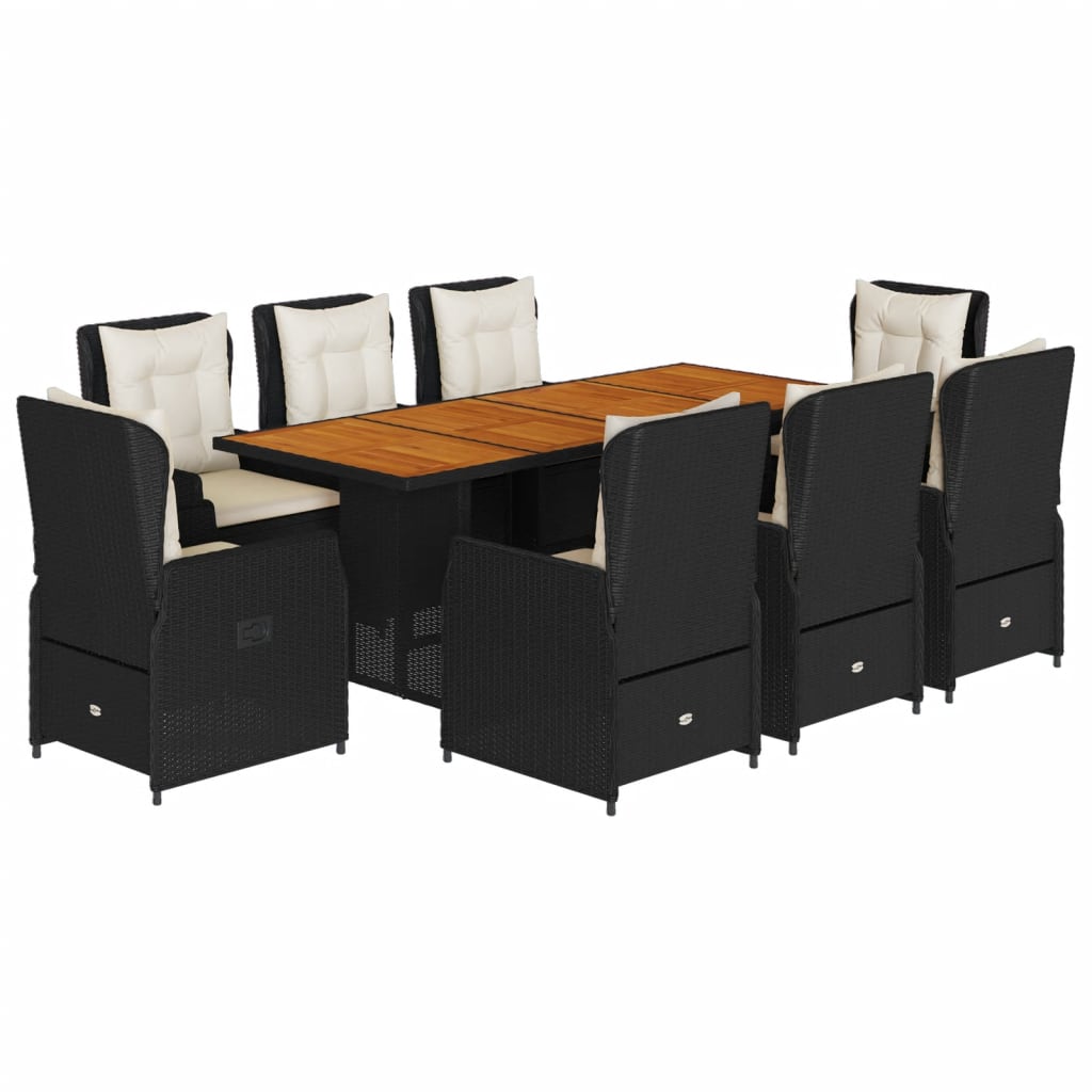 Set da Pranzo da Giardino 9 pz con Cuscini Nero in Polyrattan | homemem39