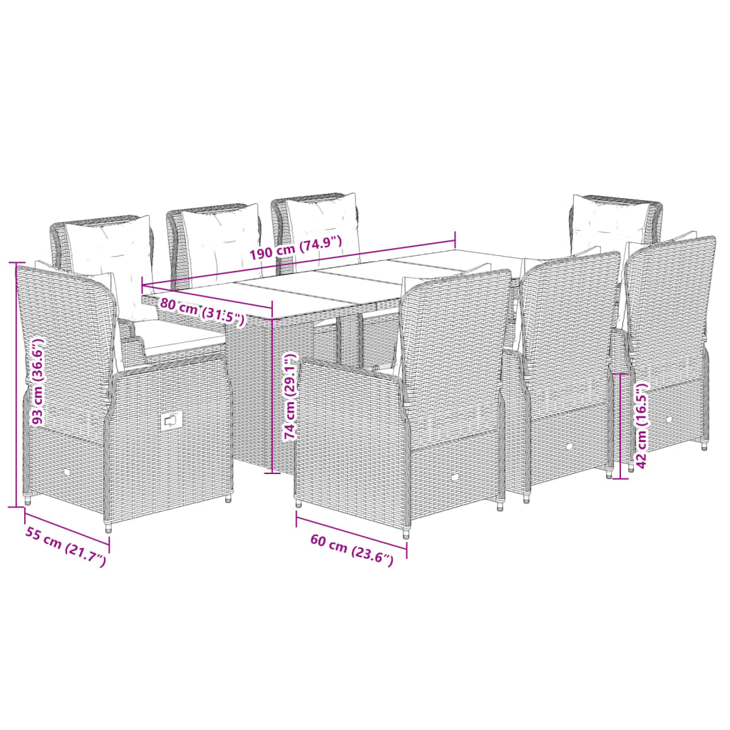 Set da Pranzo da Giardino 9 pz con Cuscini Nero in Polyrattan | homemem39
