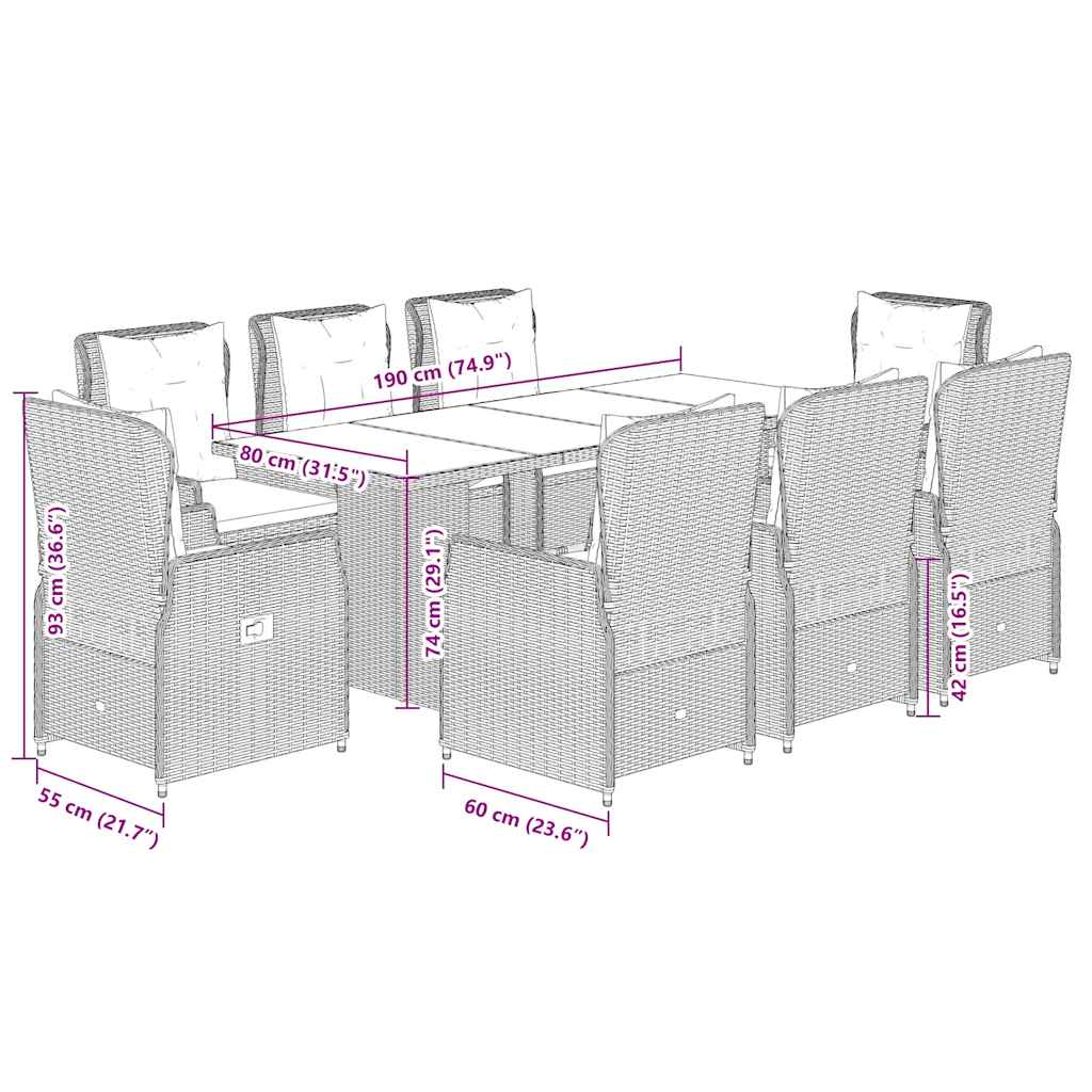 Set da Pranzo da Giardino 9 pz con Cuscini in Polyrattan Grigio | homemem39