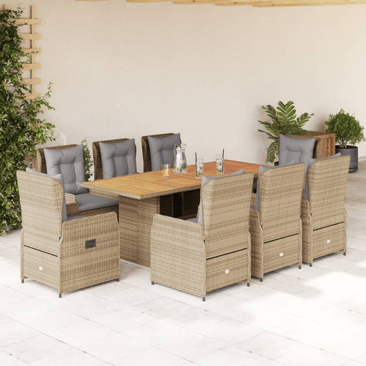 Set da Pranzo da Giardino 9 pz con Cuscini Beige in Polyrattan