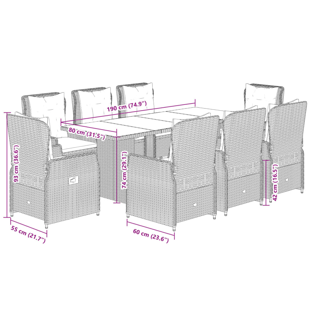 Set da Pranzo da Giardino 9 pz con Cuscini Beige in Polyrattan | homemem39