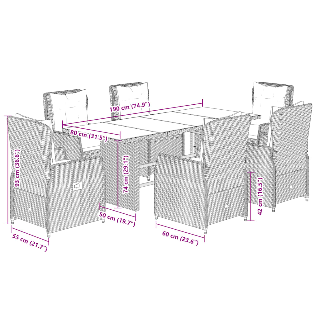 Set da Pranzo da Giardino 7 pz con Cuscini Beige in Polyrattan | homemem39