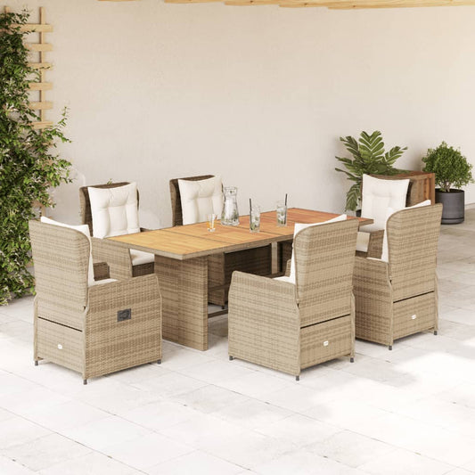 Set da Pranzo da Giardino 7 pz con Cuscini Beige in Polyrattan