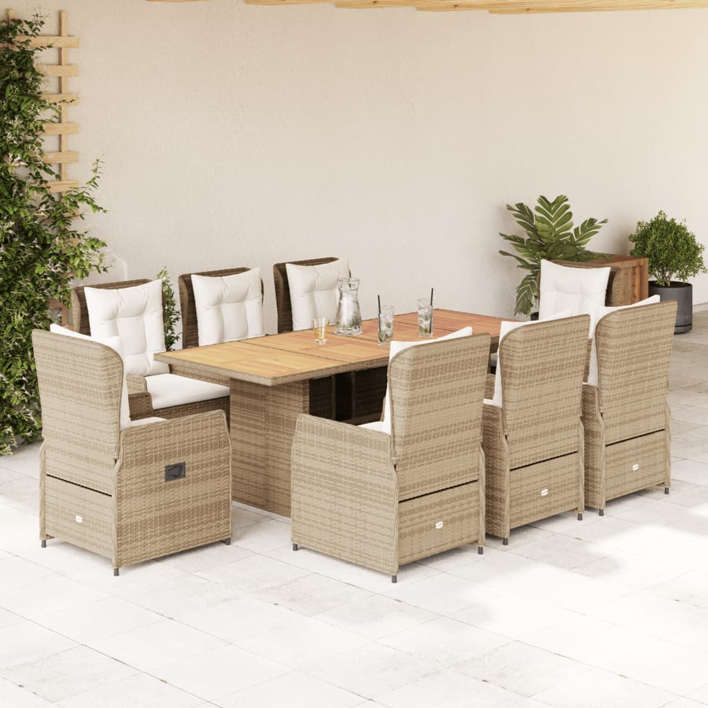 Set da Pranzo da Giardino 9 pz con Cuscini Beige in Polyrattan | homemem39
