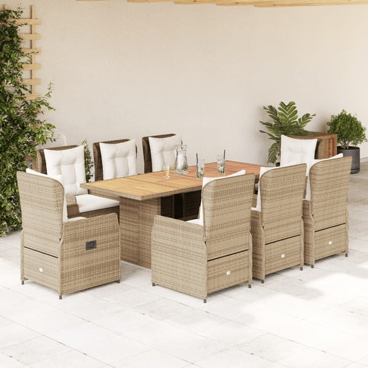 Set da Pranzo da Giardino 9 pz con Cuscini Beige in Polyrattan