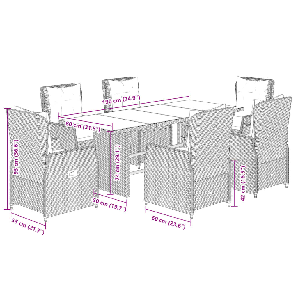 Set da Pranzo da Giardino 7 pz Cuscini Polyrattan Grigio Chiaro | homemem39