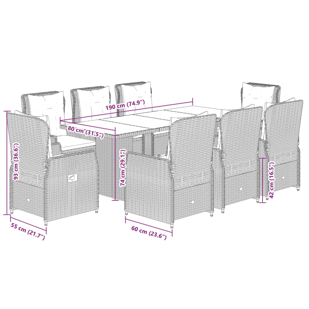 Set Pranzo da Giardino 9pz con Cuscini Grigio Chiaro Polyrattan | homemem39