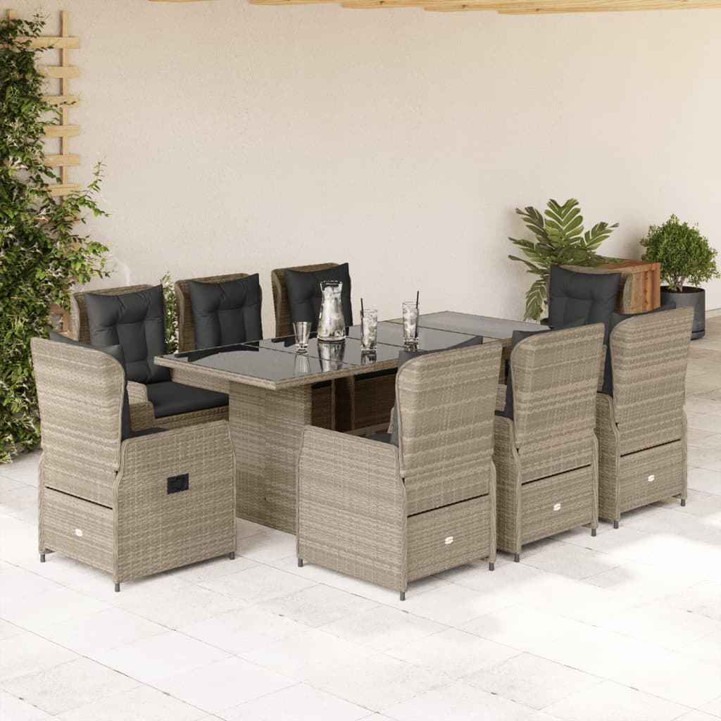 Set Pranzo da Giardino 9pz con Cuscini Grigio Chiaro Polyrattan | homemem39