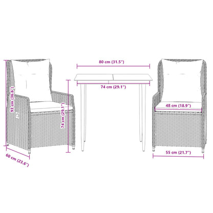 Set da Pranzo da Giardino 3 pz con Cuscini Nero in Polyrattan