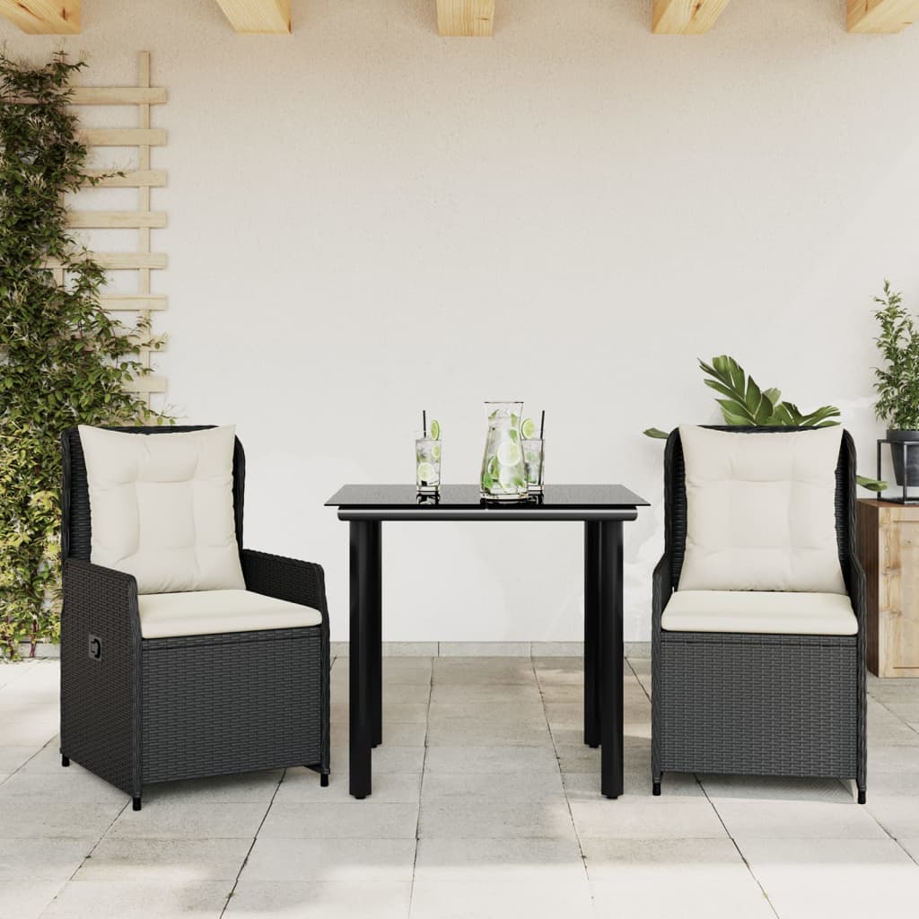 Set da Pranzo da Giardino 3 pz con Cuscini Nero in Polyrattan